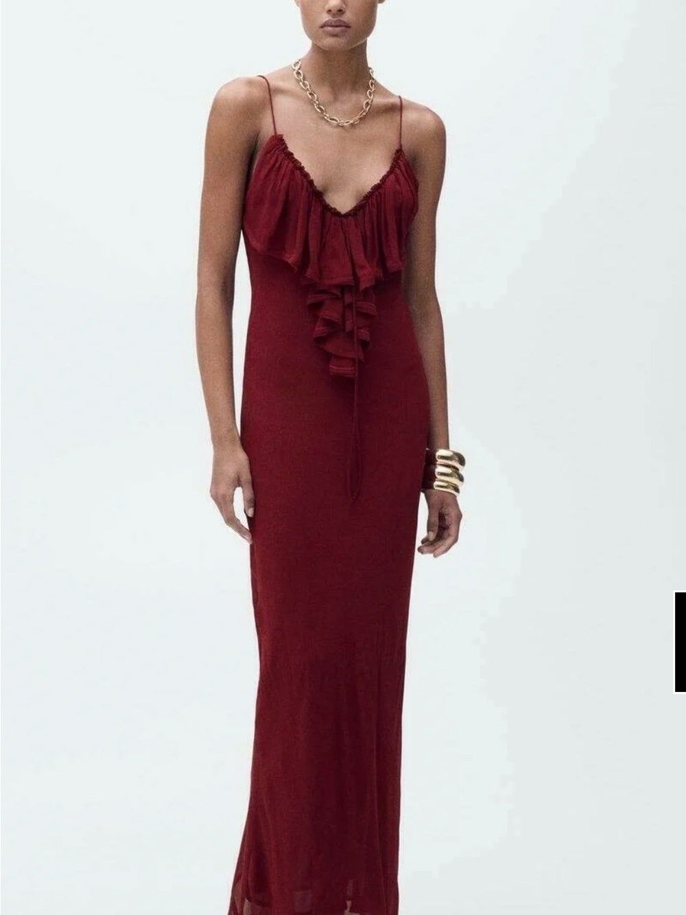 Mango Burgundy Ruffle-Front Maxi Slip Dress